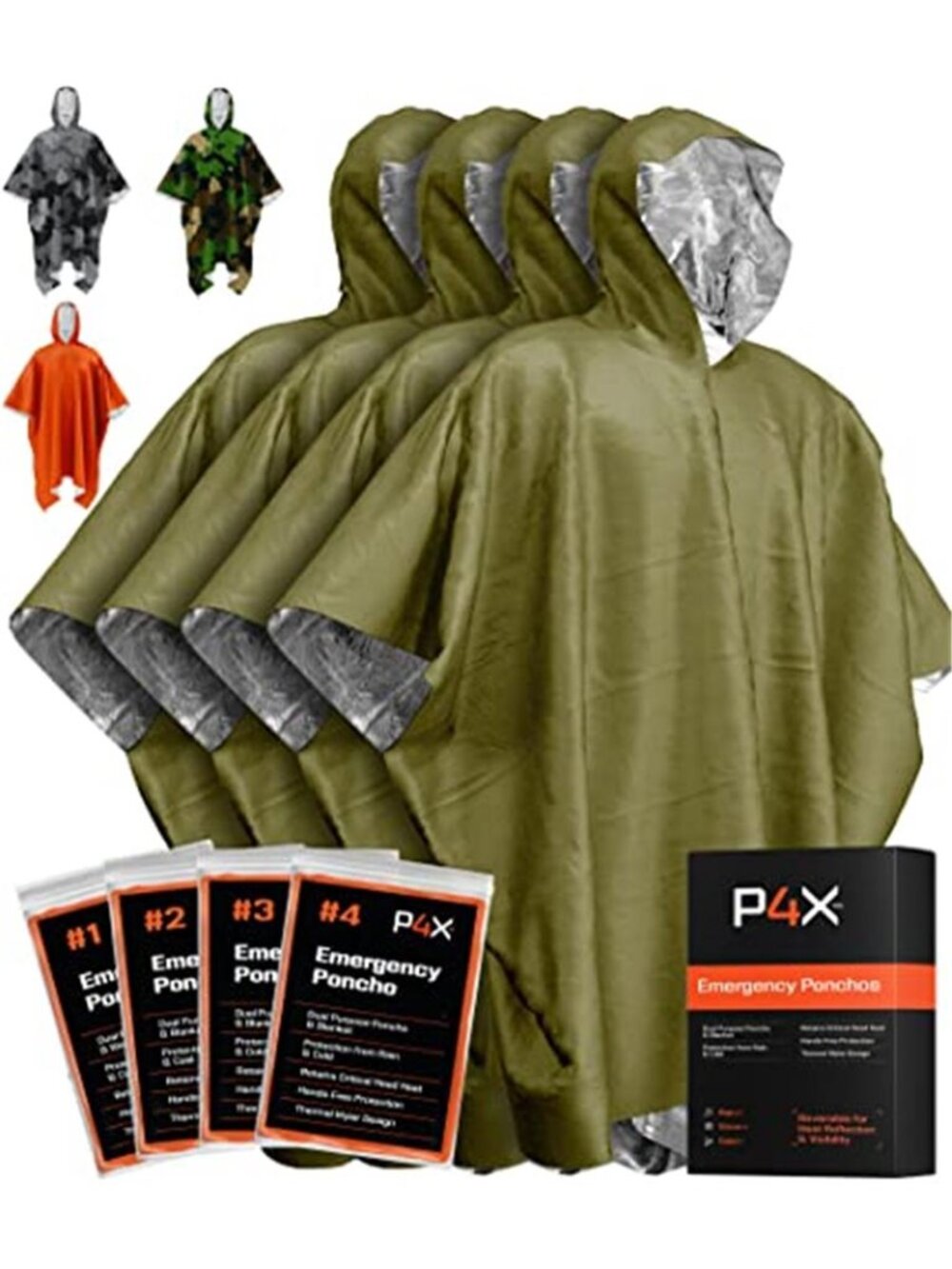 Emergency Rain Poncho 4 Pk Mylar Survival Blanket Hood Waterproof Camping Hiking
